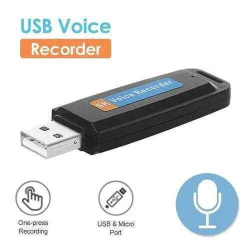 USB voice recorder with one-press recording feature and USB & micro port for efficient audio capturing.